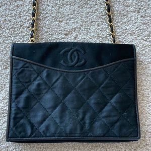 satin and leather channel evening bag-gold chain approximately 18.5inches